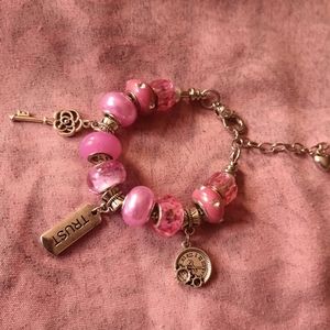 Silver snake chain charm bracelet with fuscia pink glass beads